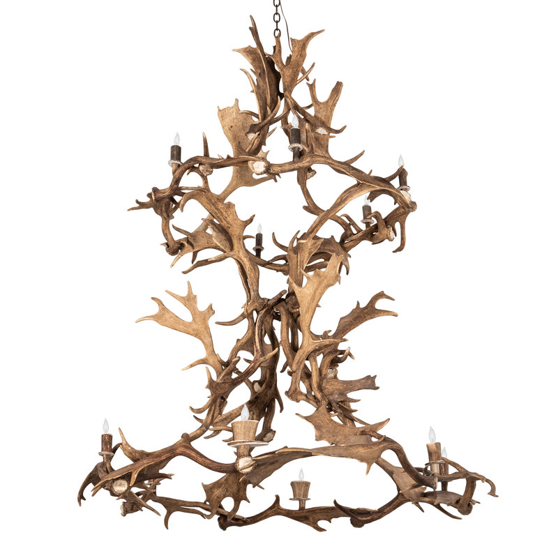 Lustre géométrique unique à 12 lumières avec détails de bois de cerf