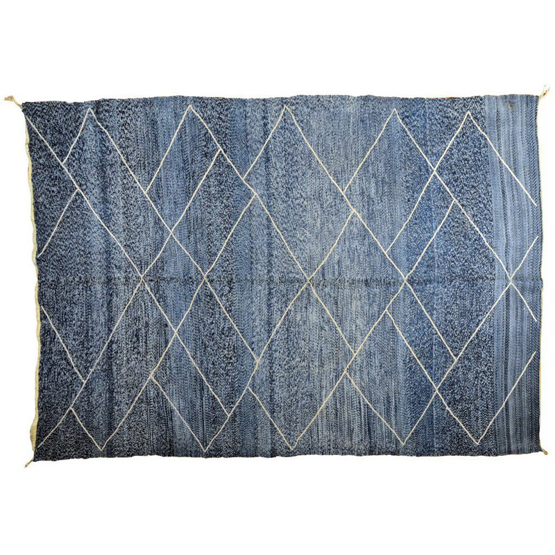 Tapis unique en laine noué à la main bleu denim de 8 pi 8 po x 12 pi 4 po marocain