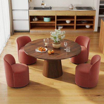 47in Round Farmhouse Dining Table Set with 4/6  Linen Swivel Rotating Chairs,  Modern for Kitchen & Living Room