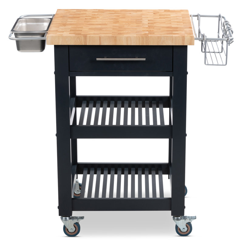 Midnight Navy Rubber Wood Butcher Block Kitchen Cart with Storage