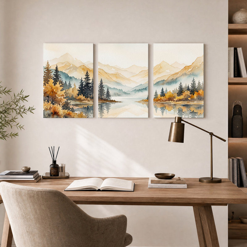 Ensemble de 3 toiles murales représentant un lac de montagne et des pins, à l'aquarelle, 36"H x 24"W x 3pcs