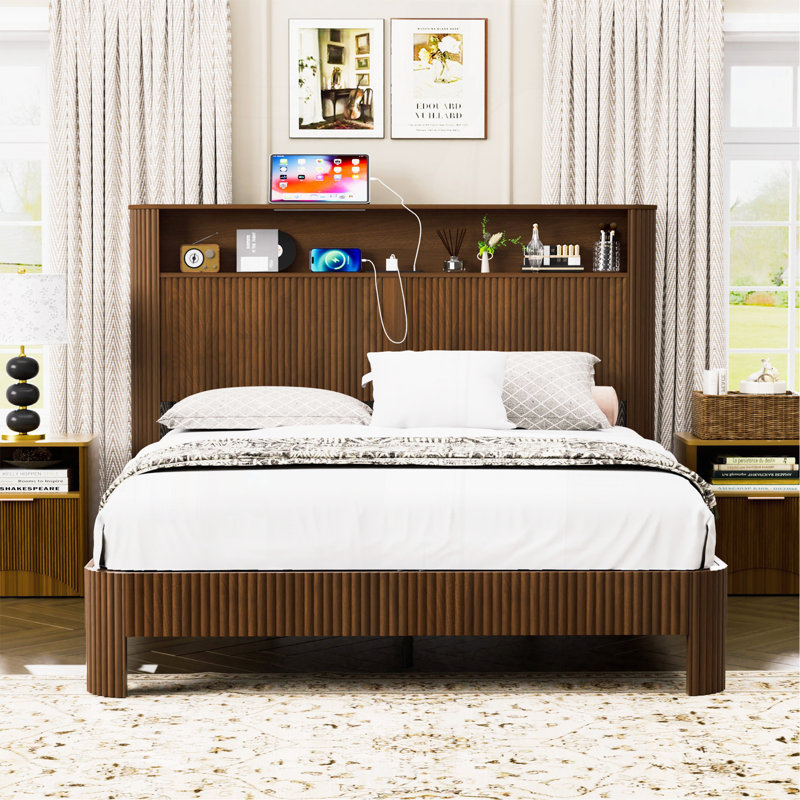 Queen Size Bed Frame With Storage Headboard, Built-In Charging Station, Wavy Curved Lines Design, Silent Operation, Metal Support, Walnut