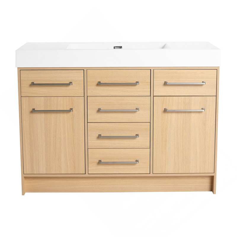 Meuble-lavabo autoportant 48 po avec lavabo en résine, 2 portes à fermeture douce et 6 tiroirs à fermeture douce, chêne original, contreplaqué