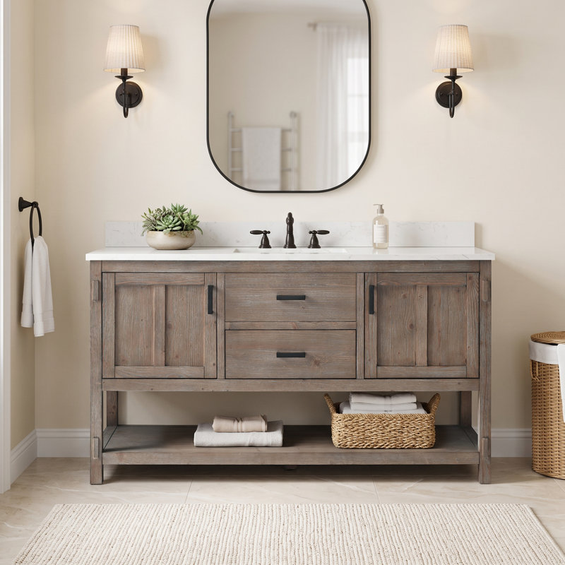 Meuble-lavabo simple autoportant de 60 po avec plateau en pierre d'ingénierie Floyd Lamay, Brown Spruce