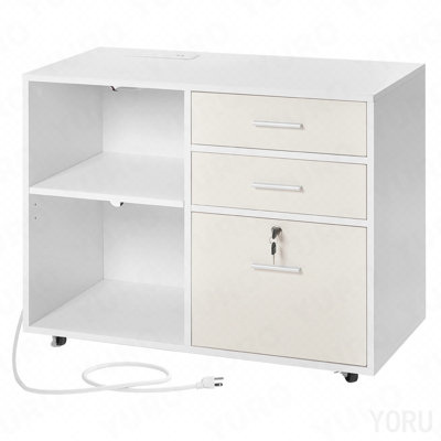 3-Drawer Mobile File Cabinet, Wood, LED Light for Office - White