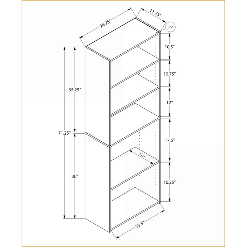 Bibliothèque, 6 niveaux H 72 po style transitionnel | Tablettes réglables | Taupe foncé | Panneau de particules, Taupe