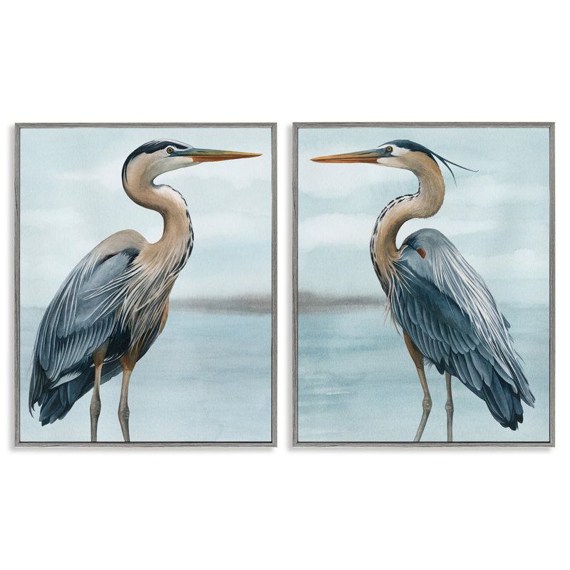 Detailed Heron Bird Duo 2 Piece Gray Framed Giclee Art Set by Grace Popp, 30" H x 24" W, Farmhouse Gray Framed Giclee