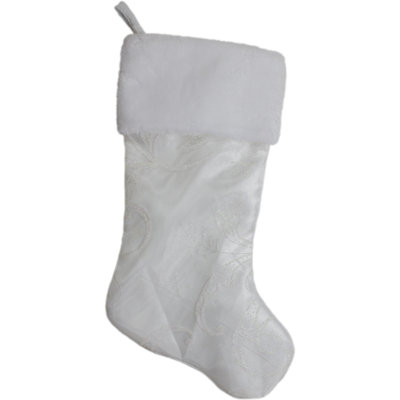 Chaussette de Noël 20,5 pouces en organza diaphane blanc avec un revers en fausse fourrure