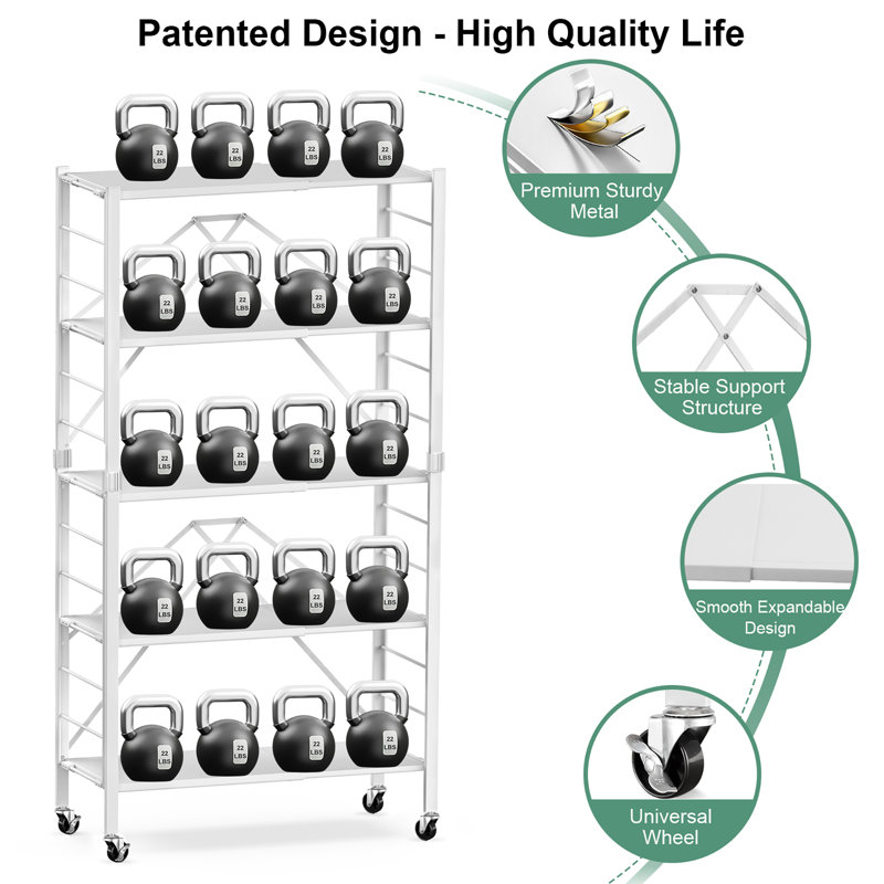 Tablettes de rangement pliables à 5 niveaux avec roulettes, modifiables en unités à 2 tablettes, étagères de rangement pliables réglables en métal pour le rangement, le garde-manger, le garage, la cuisine