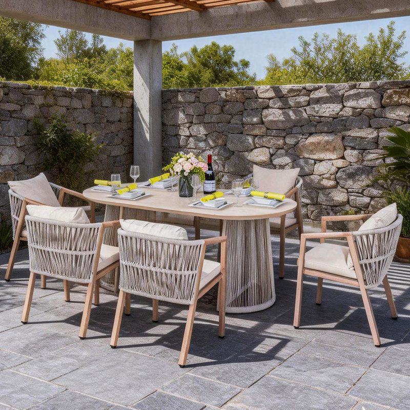 Cassily 6 Person Patio Dining Set With Oval Table, Cushions Included