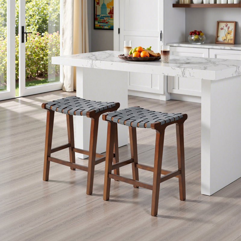 24 Inch Height Bar Stools, Faux Leather Woven Strips Counter Stools Backless Weave Bar Stool, Set Of 2, Walnut+grey