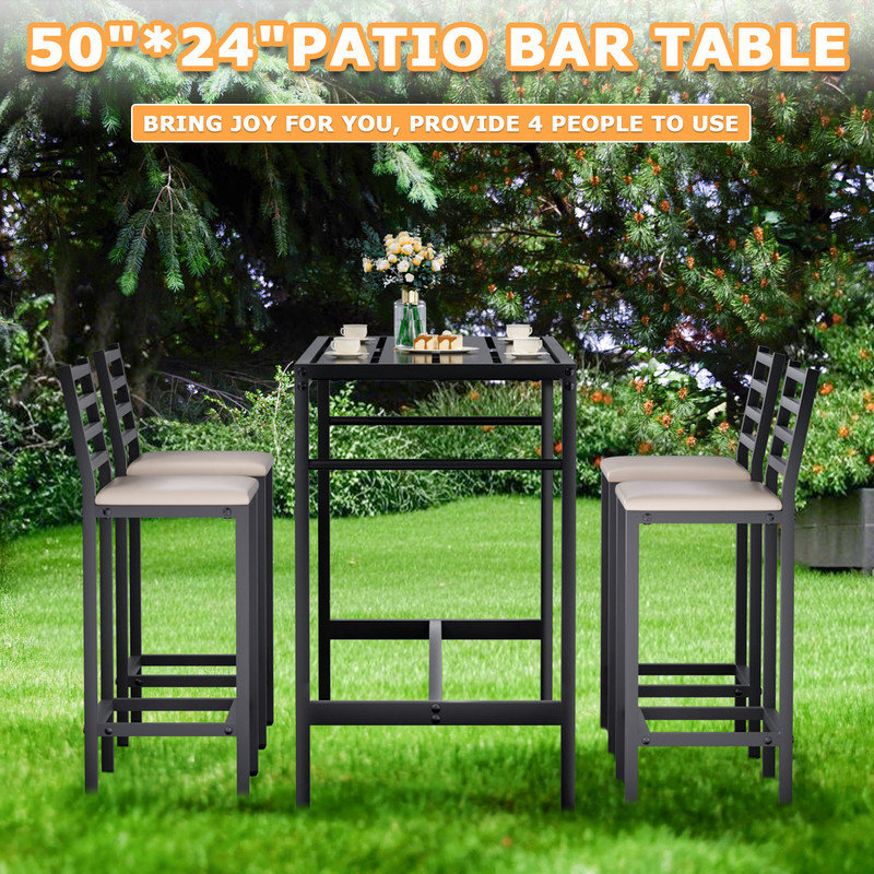 5-Piece Outdoor Patio Bar Set, 50" Rectangular Counter Height High Top Table & 4 Cushioned 41" Metal Stools, Bar Table and Chairs for Poolside, Balcony, Backyard