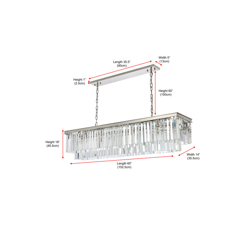 Lustre rectangulaire en cristal 12 lumières Yazmin, Cristal (transparent), Nickel poli