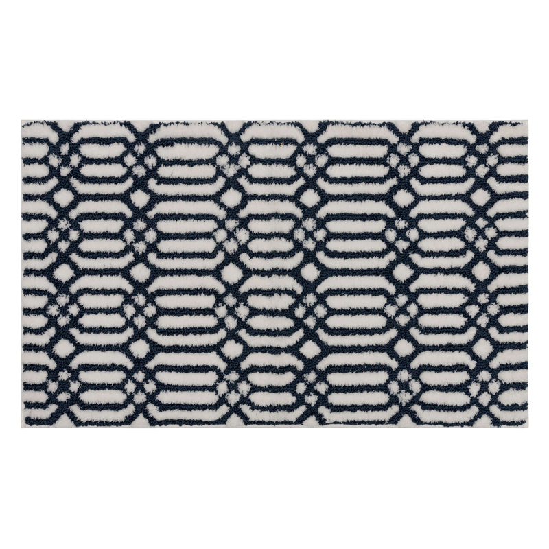 Tapis de bain en tricot géométrique Linkage, Blanc / Indigo, L 20 po x L 34 po