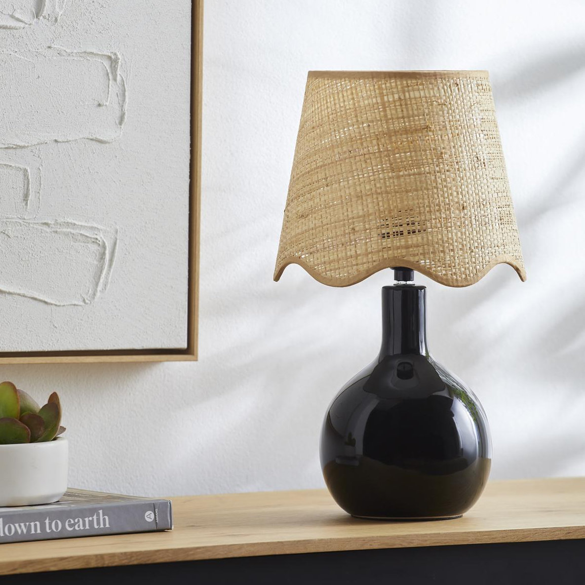 Ceramic Bedside Lamp, Tan, Black, 15"H x 9"W x 9"D