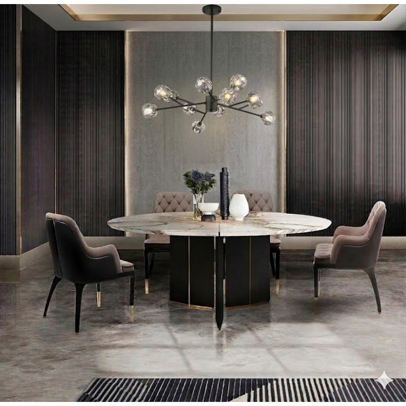 Lustre noir 12 lumières avec abat-jour en cristal transparent, Noir, 12