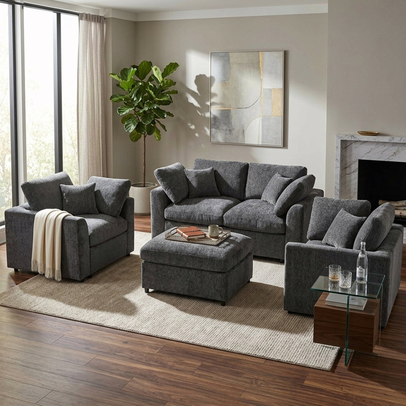 Ensemble de canapé rembourré 4 pièces avec fauteuils d'appoint, pouf amovible et coussins, Gris