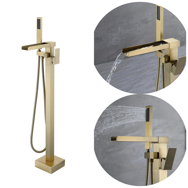 2 Handle Floor Freestanding Tub Filler with Diverter, Brushed Gold