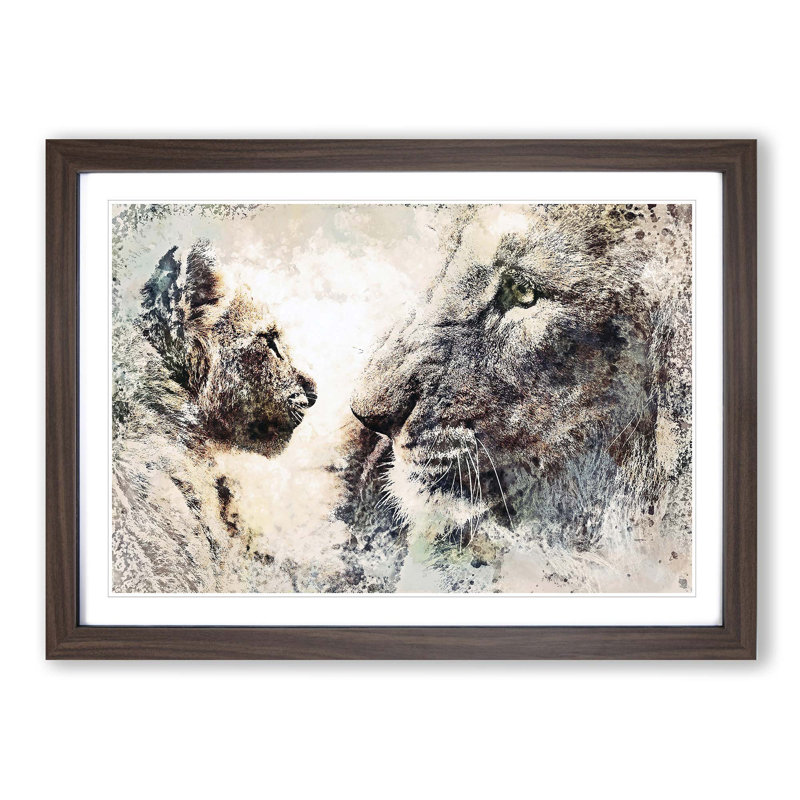 Lion Cub with Its Mother in Abstract - Picture Frame Painting Print on MDF, 36cm H x 48cm W x 2cm D, Walnut Framed