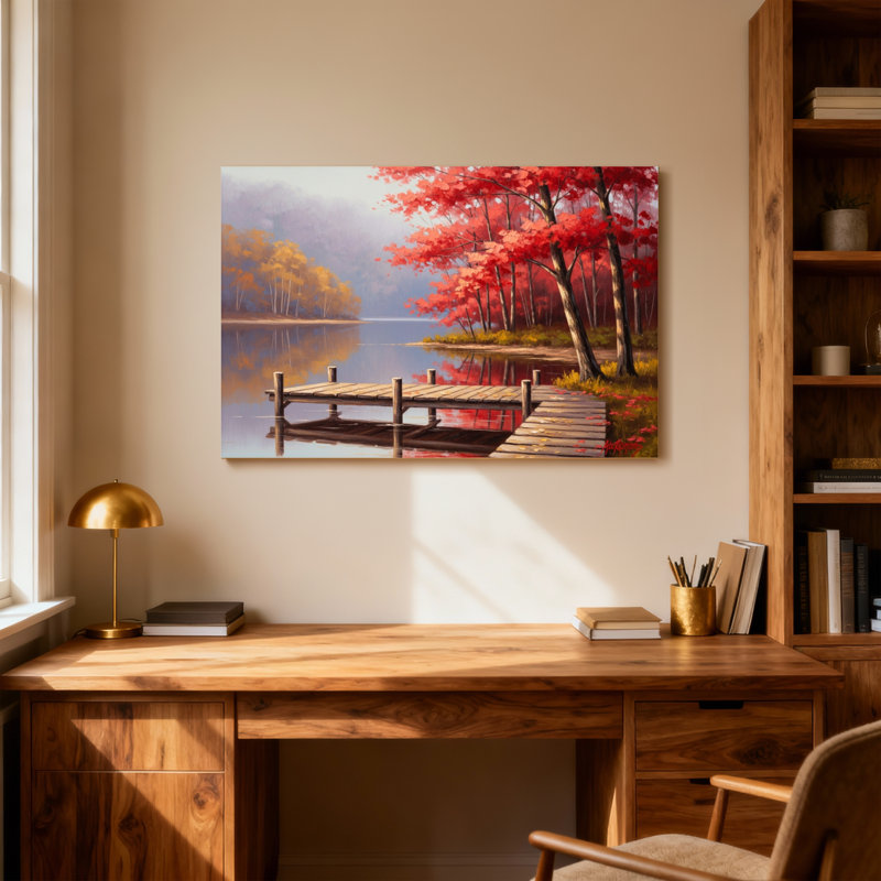Paysage et nature, automne, quai, lac, arbres rouges, reflet, scène d'eau, H 28 po x l 40 po