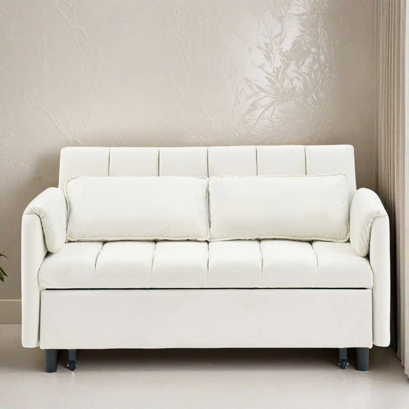 Canapé-lit de 52 po à dossier arrondi avec accoudoirs et coussins, Beige