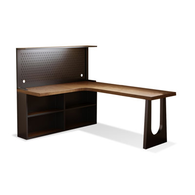 Bureau en bois massif brun et noir en forme de L