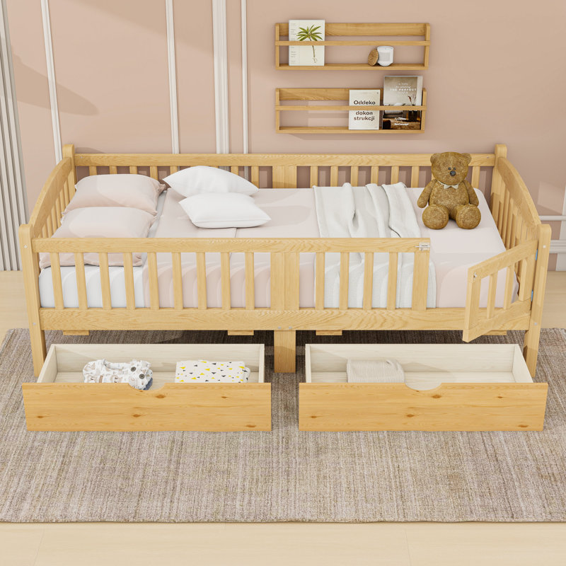 Lit plateforme en bois avec 2 tiroirs et garde-corps, Très grand simple, Naturel