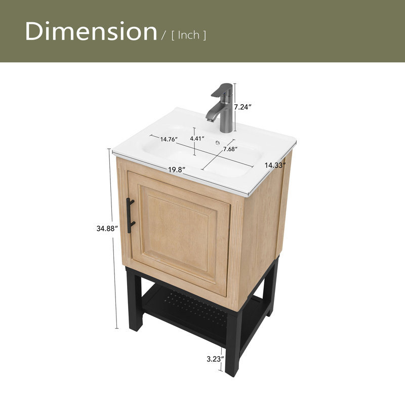 Petit meuble-lavabo de 20 po avec lavabo et robinet d'eau chaude et froide, armoire de salle de bain autoportante avec lavabo en céramique, rangement pour salle de bain avec 1 porte et tablette ouverte en fer