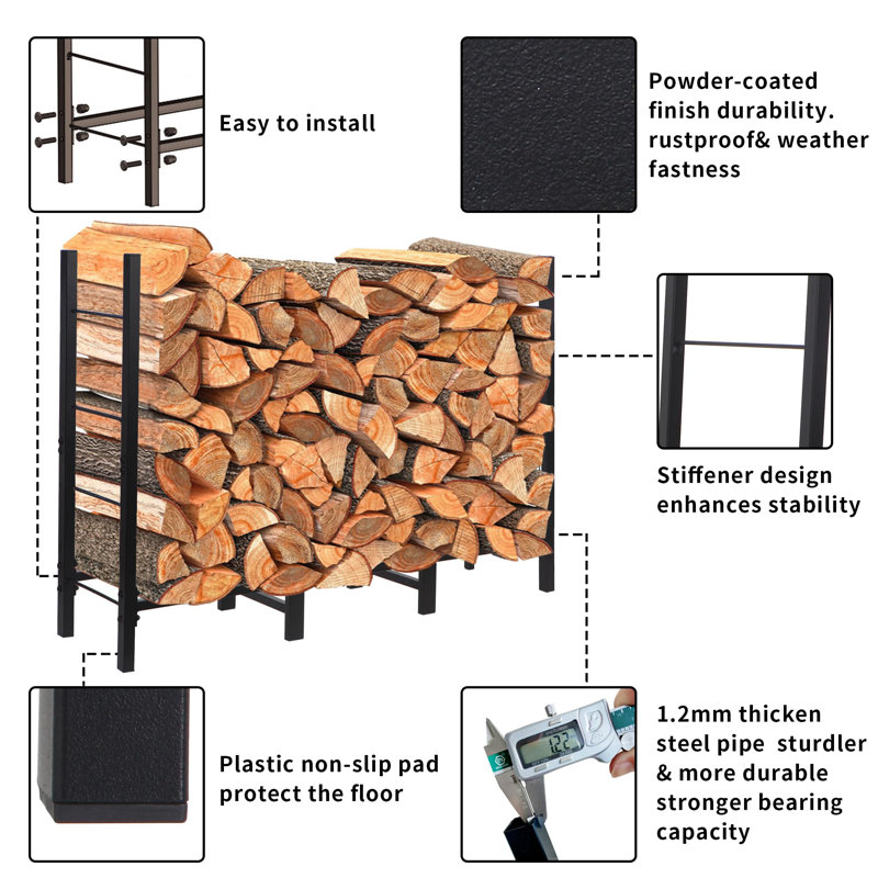 Black Heavy Duty Wrought Iron 4ft Firewood Log Rack with Cover