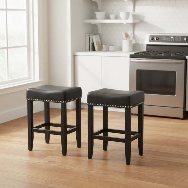 Shaws Classic Faux Leather & Solid Wood Counter/Bar Stools with Padded Saddle Seat, Black, Counter Stool (26" Seat Height)