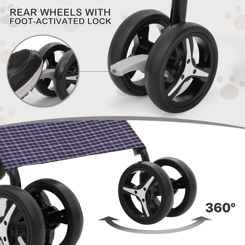 Plaid Steel Frame Foldable Pet Stroller with Rubber Wheels