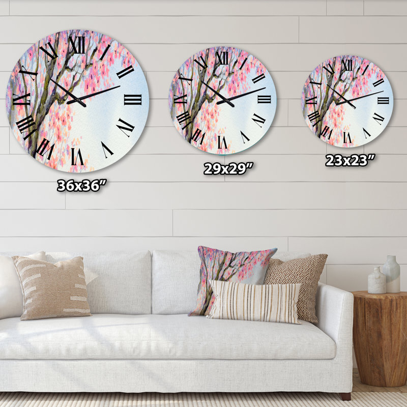 Bel oiseau rose sur une branche en fleurs II - Horloge murale traditionnelle, Moyenne