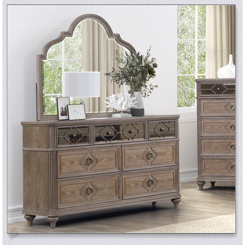Commode simple 1 pièce simple avec placage de chêne rustique, bois massif, tiroirs à queue d'aronde à dossier anglais et panneau de miroir avant pour meubles de chambre à coucher