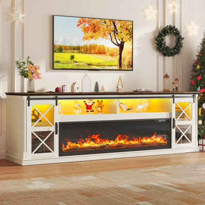 94" Farmhouse Fireplace TV Stand For up to 100" TVs With LED Lights, Power Outlets, Adjustable Shelves, Large Media Console With 60" Electric Fireplace & Sliding Barn‑Door, 33" Tall Entertainment Center For Living Room, White Brown