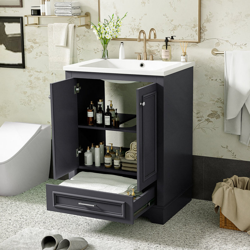 Ensemble de meuble-lavabo 24 po avec lavabo en céramique, armoire de rangement autoportante moderne avec poignées argentées, portes à fermeture douce