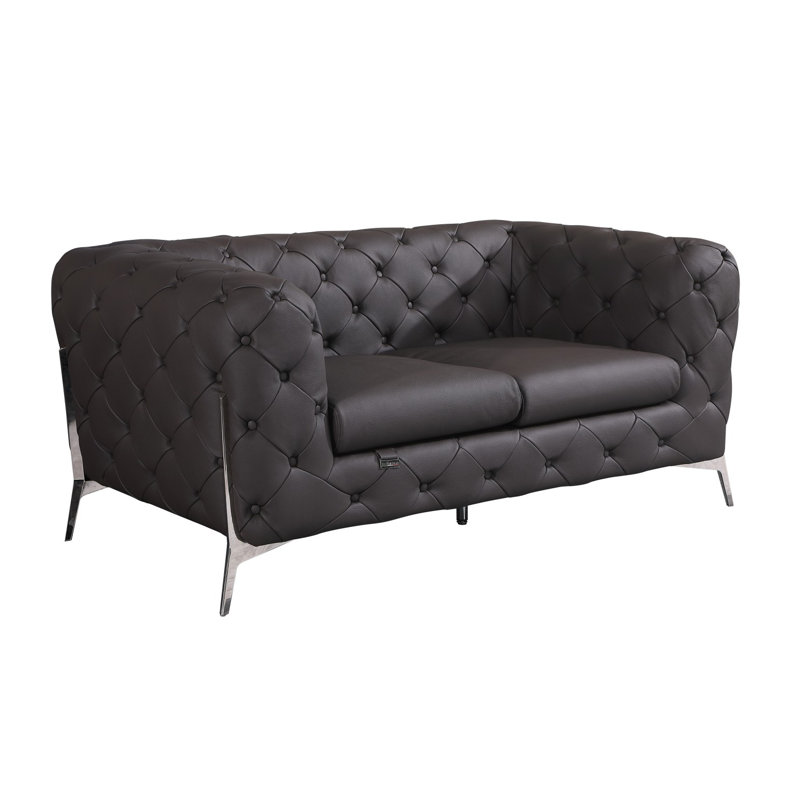 Ehrika Top Grain Italian Leather Loveseat, Brown, Silver