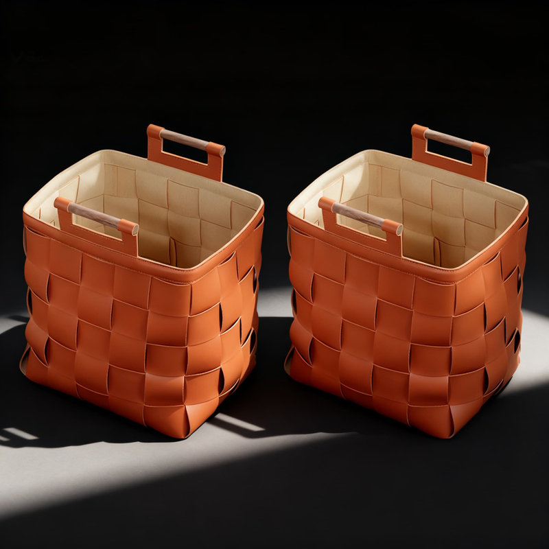 Panier de rangement en cuir italien tissé à la main de style italien, panier à linge polyvalent, imperméable et résistant aux taches, élégant bac décoratif pour les hôtels et les familles d'accueil