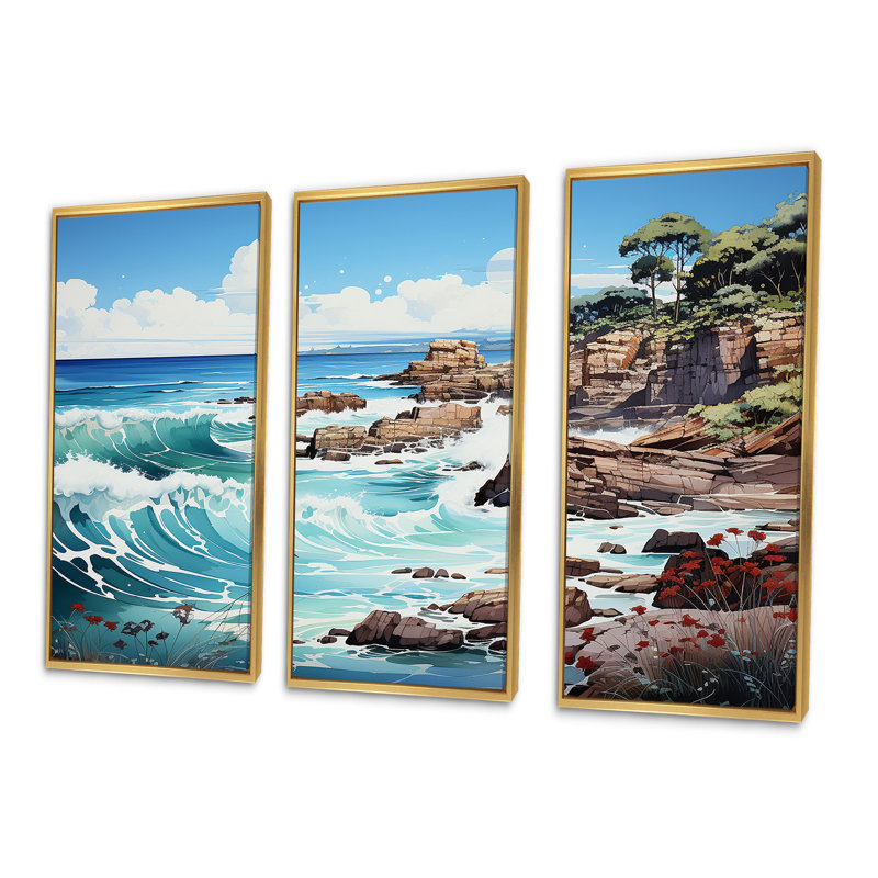Ensemble de salon Blue Beach Waves Fusion II - Beach Wall Art, Cadre flottant doré, H 28 po x l 36 po x P 1 po
