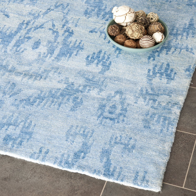 Tibetan Hand Knotted Viscose/Cotton Ikat Rug in Sky Blue