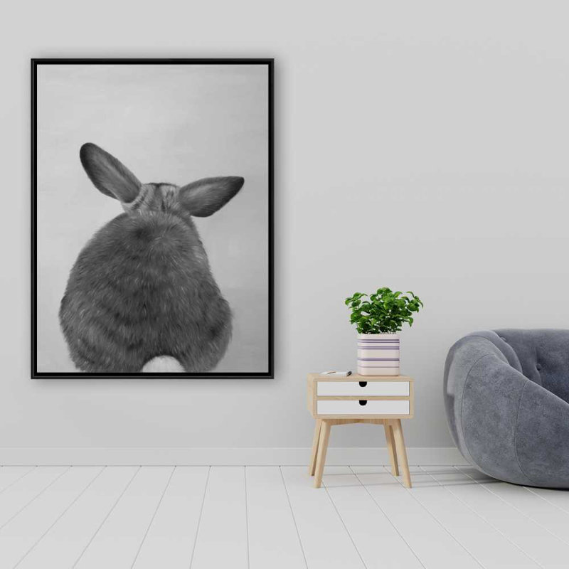 Little rabbit from behind - Black Hyperrealist framed canvas