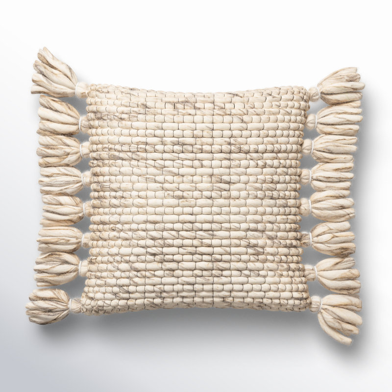 Cormac Reversible Wool Throw Pillow with Tassels, 20" x 20", Gray/Beige/Charcoal, Polyester