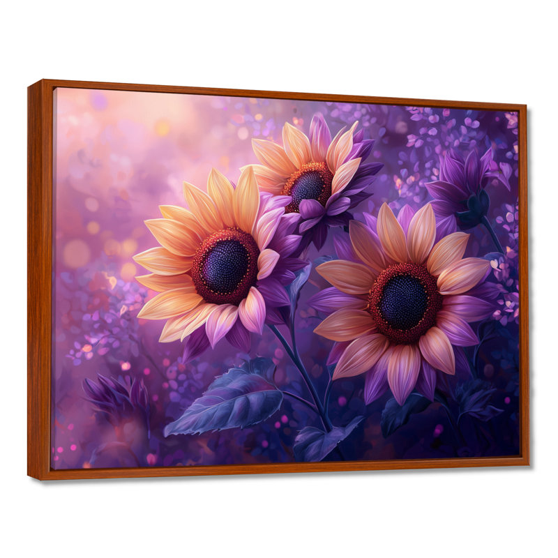 Draedon mauve, teintes de coucher de soleil, champ de tournesols II - art mural tournesols pour le salon, H 30 po x l 40 po