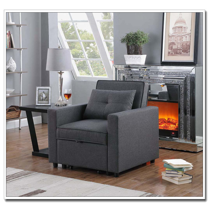 Zoey 33.25" Dark Gray Linen Convertible Sleeper Chair with Side Pocket, Dark Gray