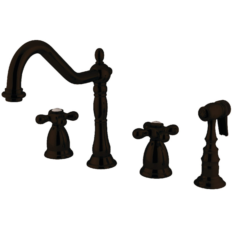 Kingston Brass Heritage Double-Handle 4-Hole Widespread Kitchen Faucet with Brass Sprayer, Oil Rubbed Bronze