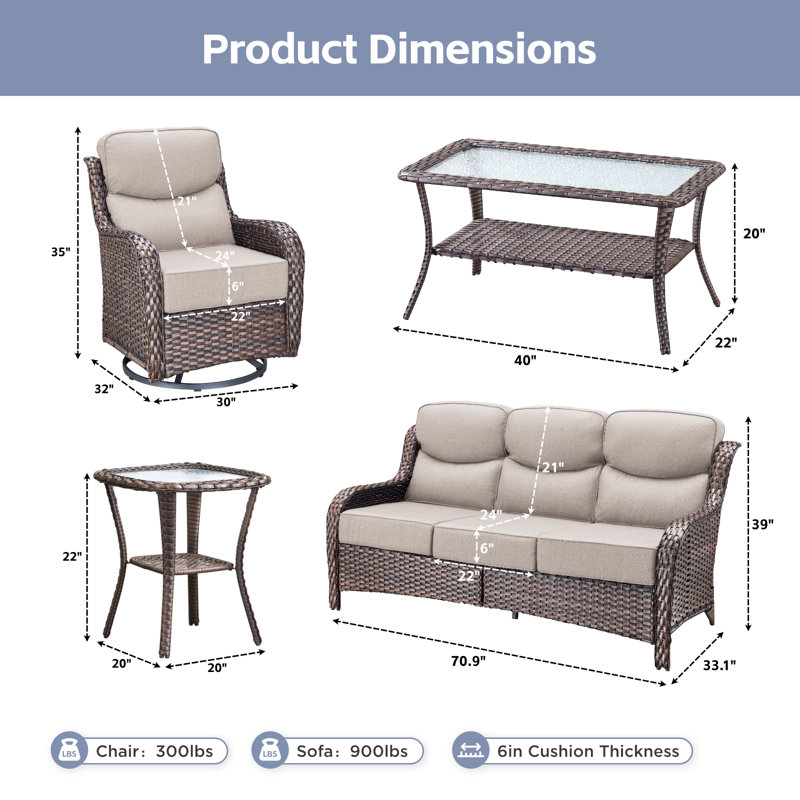 Ensemble 5 pièces de canapé de patio et de chaises pivotantes en osier avec table basse, Beige, Brun