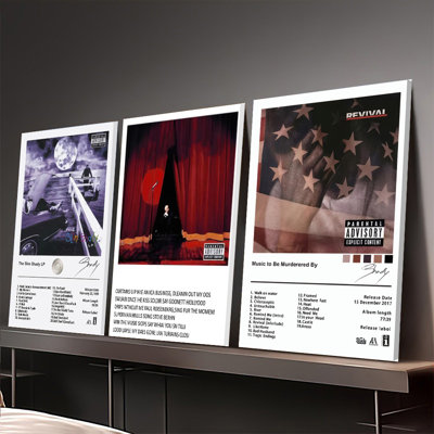 3PCS Wall Arts Posters Framed,  Eminem Album Cover Canvas Prints Slim Shady LP Curtains Up Music to Be Murdered By Wall Art Decor for Bedroom Living Room Home Decoration Rap Hip Hop Fan Gift Poster