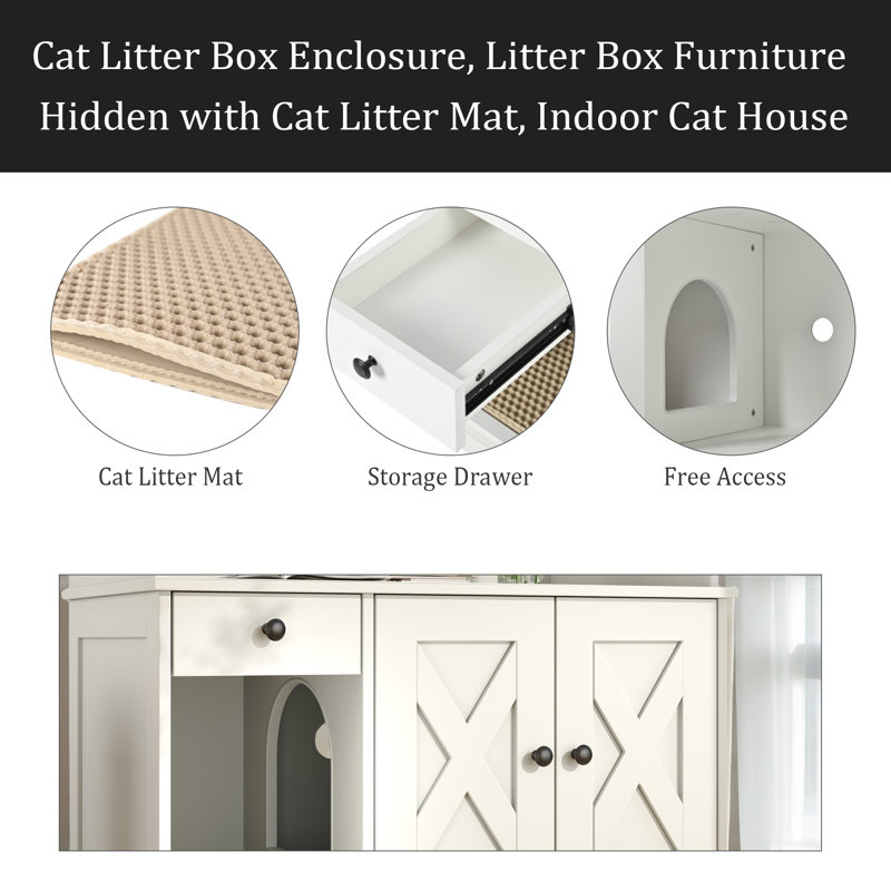 Enceinte de litière pour chat, meubles de litière cachés avec un tapis de litière pour chat, maison de chat d'intérieur avec tiroir, table d'appoint de style campagnard pour salon, blanc