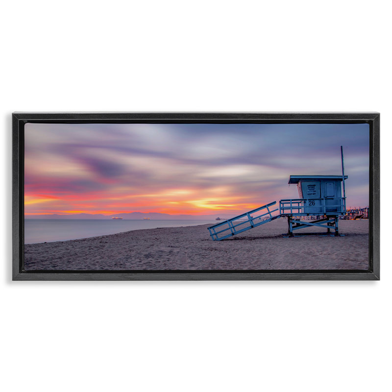 Plage, coucher de soleil, horizon, Cadre flottant noir de jais, H 14 po x l 31 po