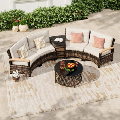  Ensemble de 6 pièces de mobilier d'extérieur courbé demi-lune, canapé modulaire de conversation avec accoudoirs en bois, tables basses et tables d'appoint pour terrasse, beige