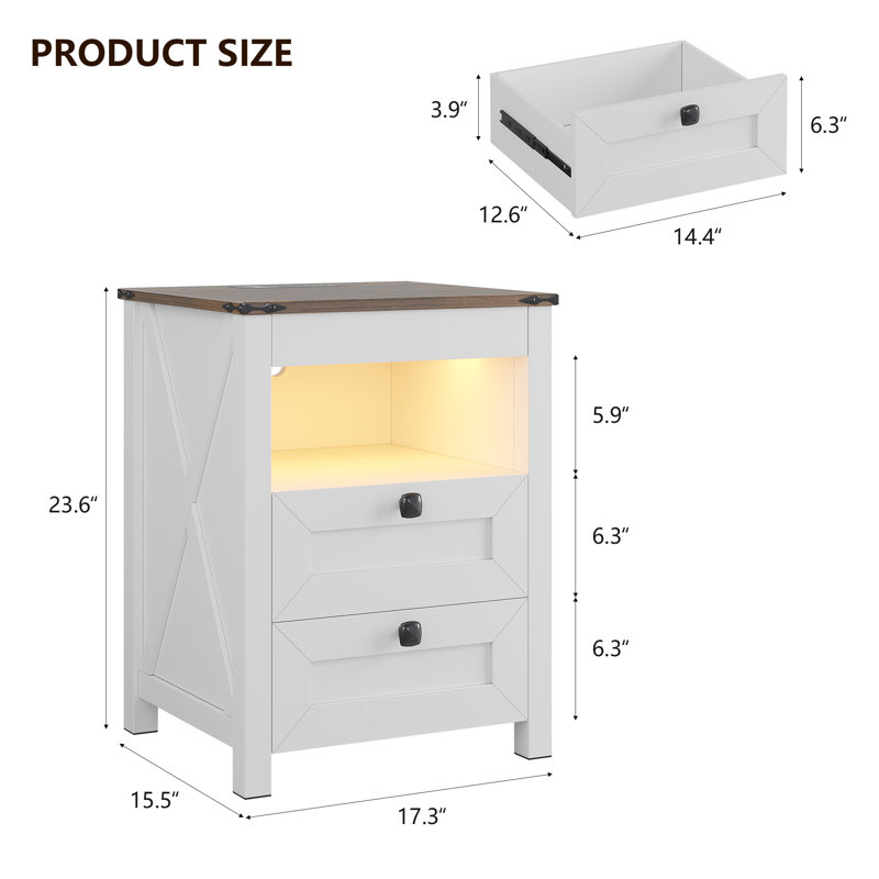 17.3"W 2 - Drawers Nightstand with LED light, Farmhouse End Table with  Wireless Charger& Human Sensor, White